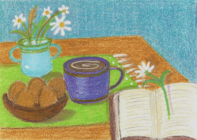 Still Life with Coffee & Book - Colored Pencil & Acrylic Pen on Illustration Board aceo art card thumbnail 1