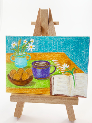 Still Life with Coffee & Book - Colored Pencil & Acrylic Pen on Illustration Board aceo art card thumbnail 2