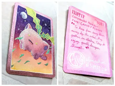 Pokemon: Hoppip - OOAK Watercolor & Sparkling Iridescent Metallics aceo art card thumbnail 2