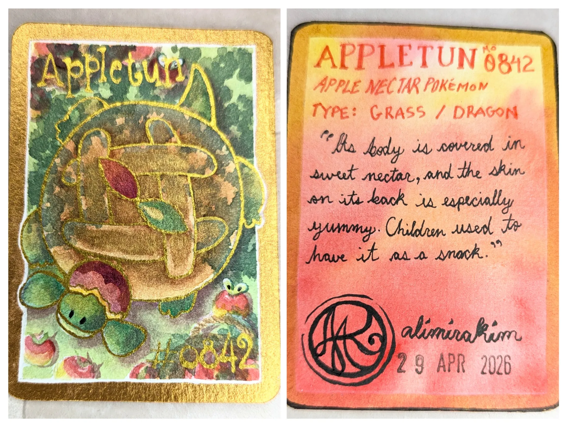 Appletun, Sparkling Metallic & Watercolor Pokemon Card aceo art card