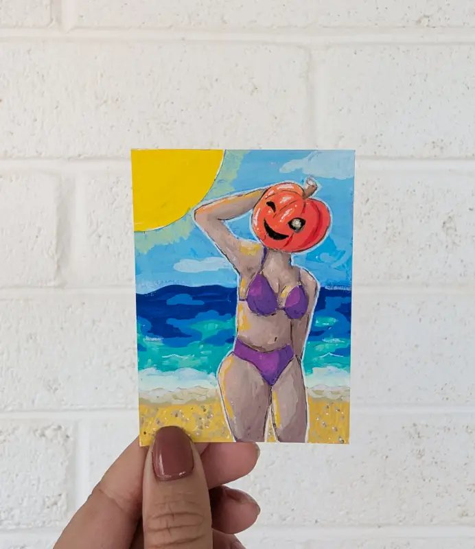 Summerween | Pumpkin Bikini Girl - ArtsyConch aceo art card