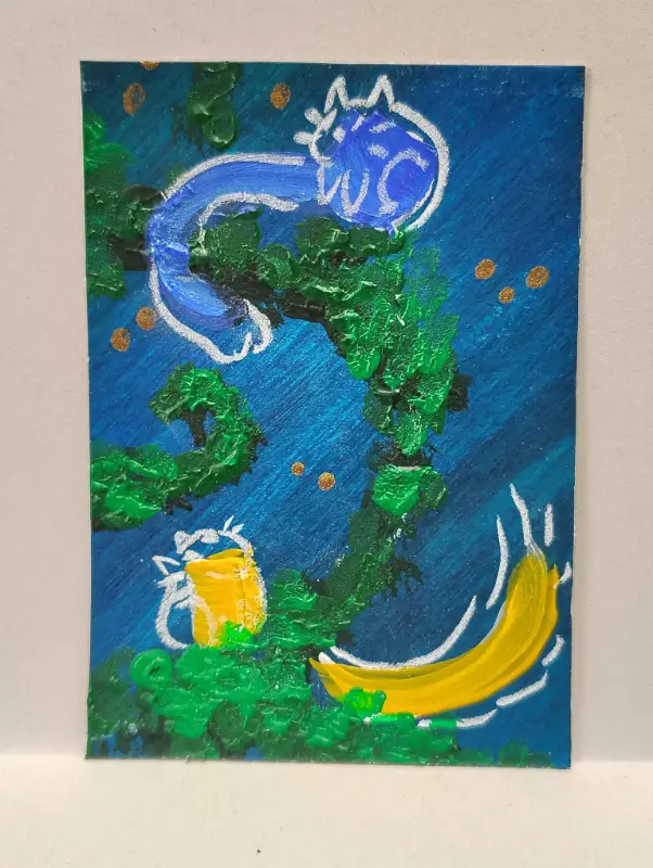 Color Cat- Yellow and Blue Exploring aceo art card