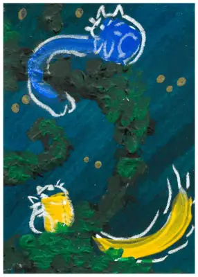 Color Cat- Yellow and Blue Exploring aceo art card thumbnail 2