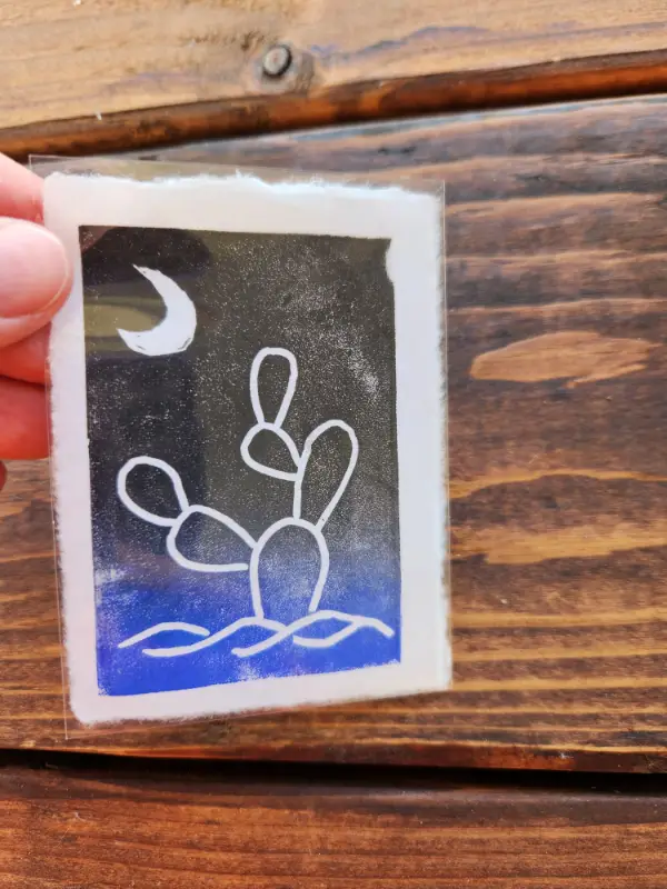 Prickly Pear Linocut at night with moon 1/1 aceo art card