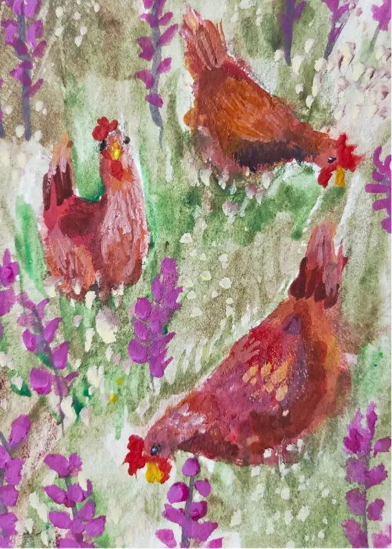 Red Hens in the Snapdragons aceo art card