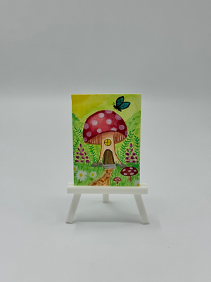 Fairy tale series mushroom house aceo art card thumbnail 1