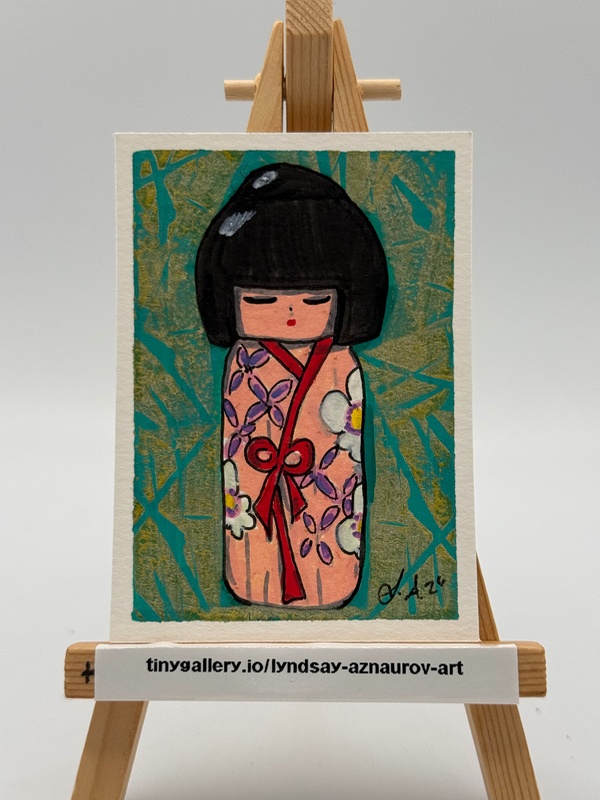 Floral Bow Kokeshi Original ACEO by Lyndsay Aznaurov aceo art card