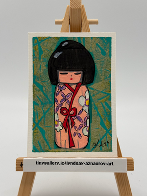 Floral Bow Kokeshi Original ACEO by Lyndsay Aznaurov aceo art card thumbnail 1