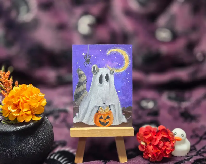 Critter Treats Series Part 9 of 9, Halloween Spooky Cute Raccoon Ghost aceo art card