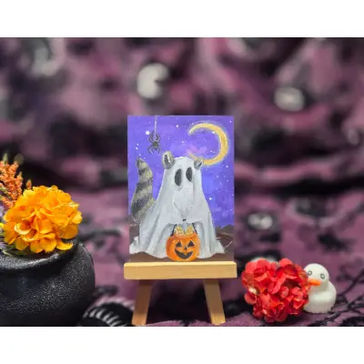 Critter Treats Series Part 9 of 9, Halloween Spooky Cute Raccoon Ghost aceo art card thumbnail 1