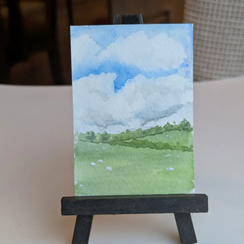 ACEO Original Watercolor Landscape of Giant Clouds over a Peaceful Field aceo art card