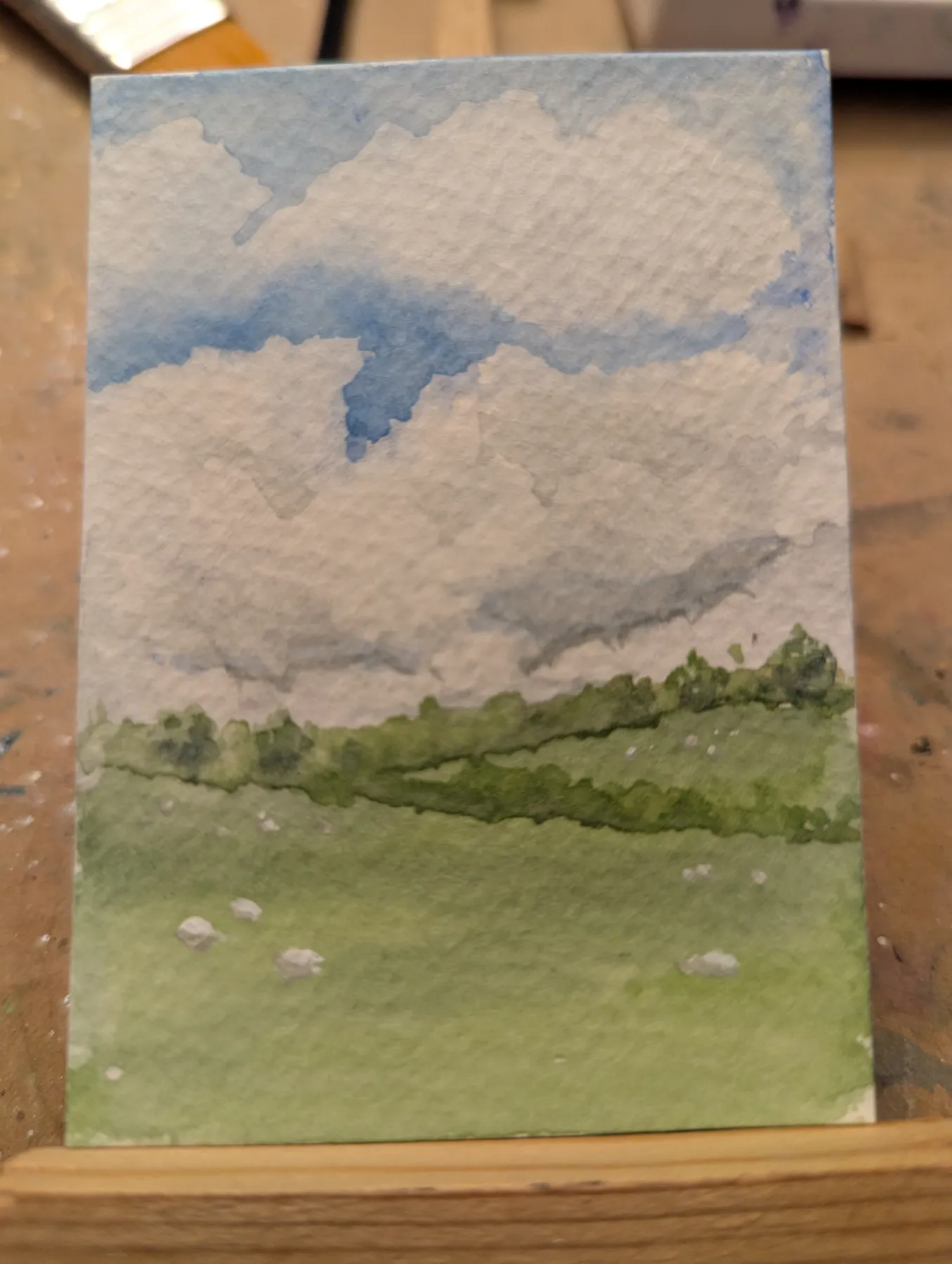 ACEO Original Watercolor Landscape of Giant Clouds over a Peaceful Field aceo art card