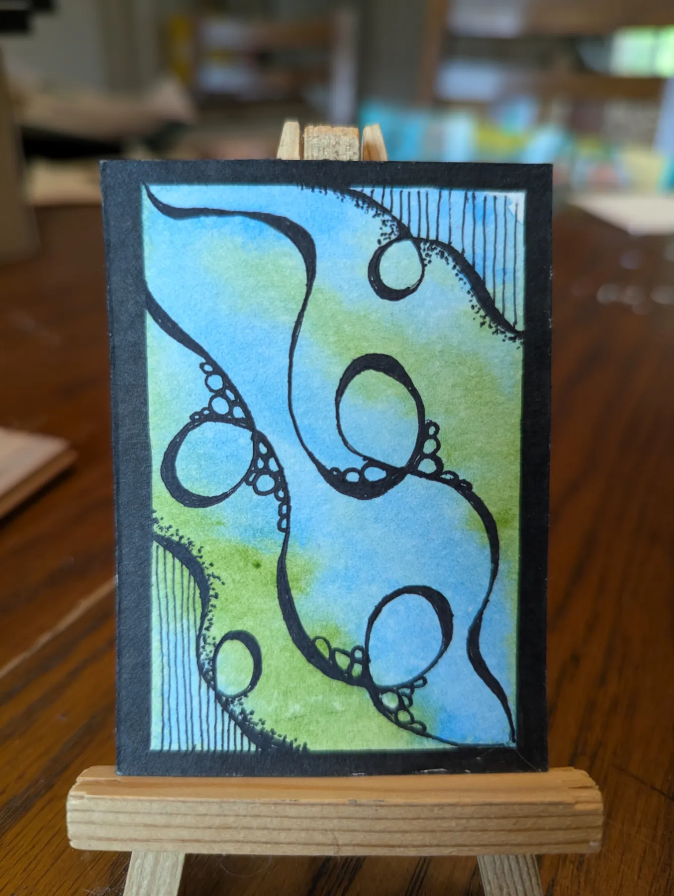 ACEO Original Abstract Swirl Doodle Art in Blue and Green Watercolor and Ink by c-avilez-art aceo art card
