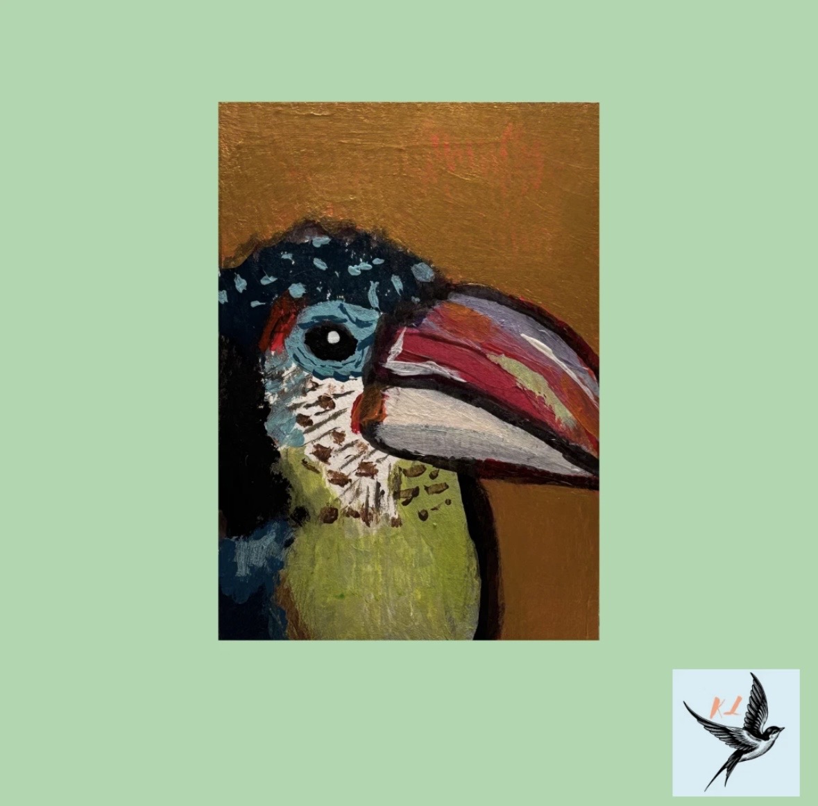ACEO Original Mixed Media Curl Crested Aracari 2.5x3.5 On Paper aceo art card