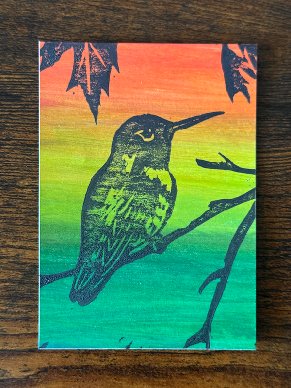 Hummingbird Breeze - Hand-Carved Block Print aceo art card
