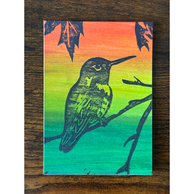 Hummingbird Breeze - Hand-Carved Block Print aceo art card thumbnail 1
