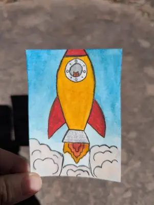 "Spaceship 2" - Watercolor & Gouache Cat Looking out Spaceship Window During Take Off aceo art card thumbnail 2