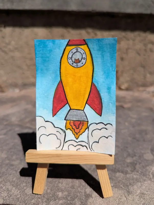 "Spaceship 2" - Watercolor & Gouache Cat Looking out Spaceship Window During Take Off aceo art card