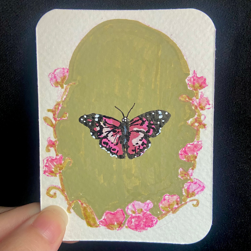 pink butterfly - 1/2 aceo art card