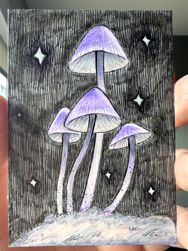 Purple Mushrooms aceo art card