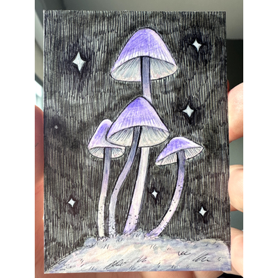 Purple Mushrooms aceo art card thumbnail 1