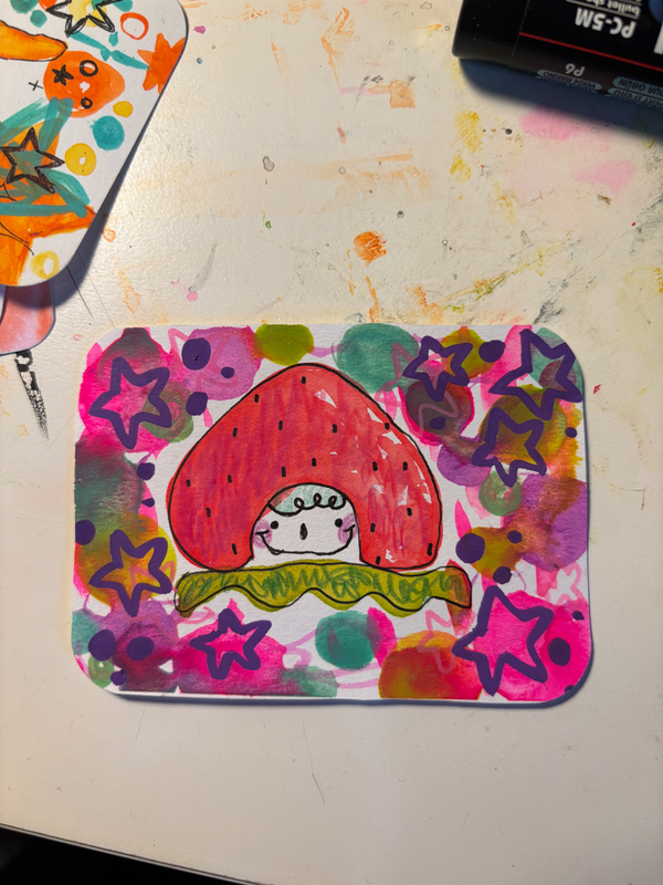 Mixed media strawberry boi aceo art card