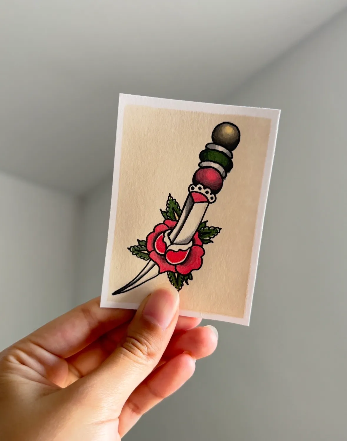 American Traditional Dagger & Rose - Mini Tattoo Flash Series by BukoTats aceo art card