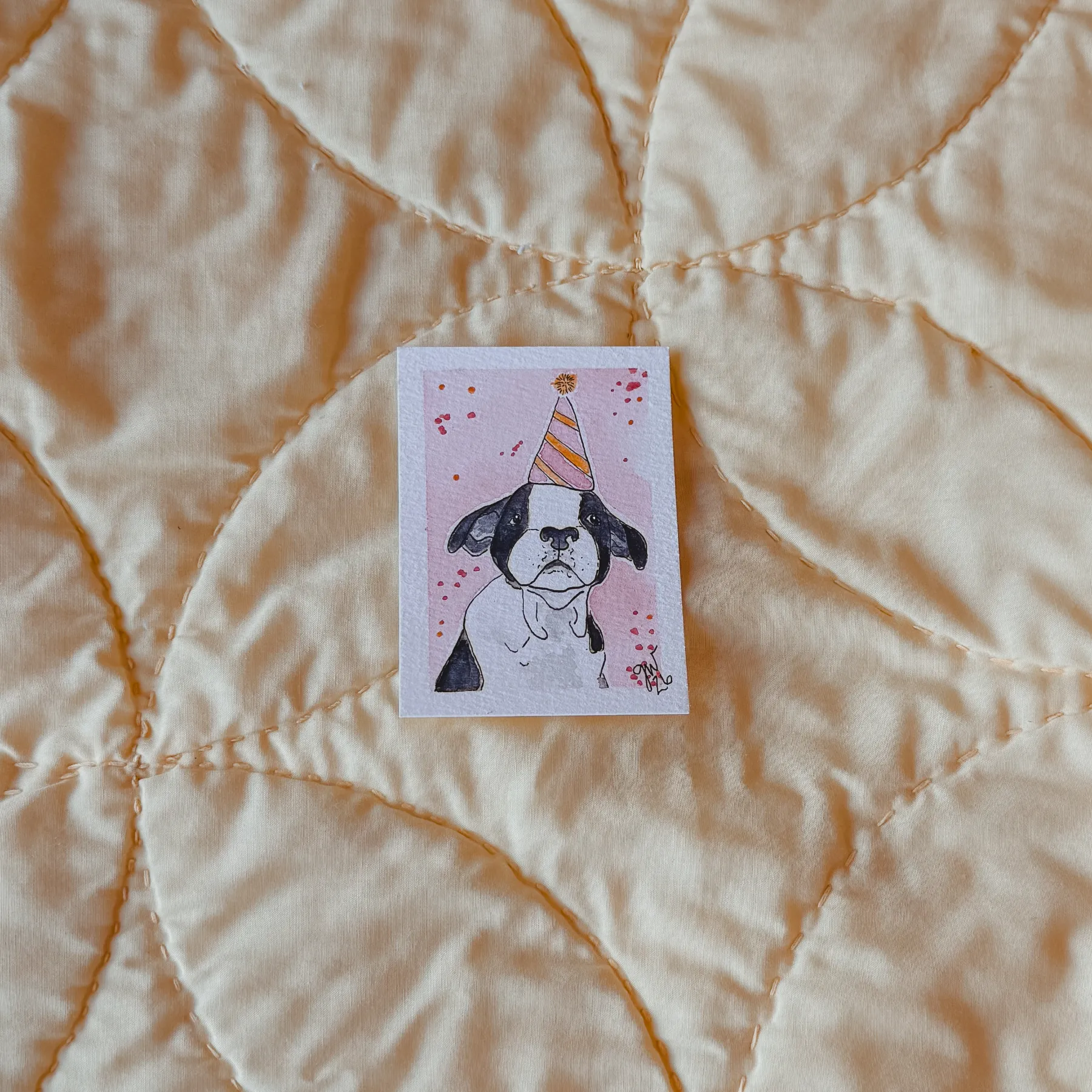 "New to the Party" Boston Terrier Puppy ACEO With Party Hat aceo art card