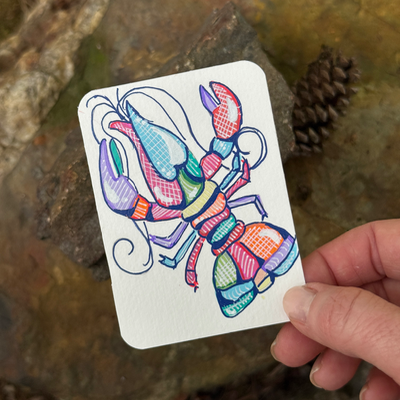 ACEO Original, Crawfish, Seafood, Louisiana, Acrylic, Abstract, By Lark Watercolor and Art aceo art card thumbnail 2