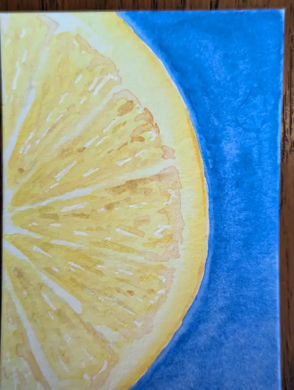 ACEO Original Watercolor Painting of a Cut Lemon, Yellow and Blue aceo art card