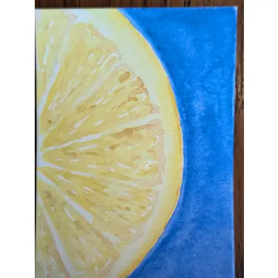 ACEO Original Watercolor Painting of a Cut Lemon, Yellow and Blue aceo art card thumbnail 1