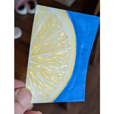ACEO Original Watercolor Painting of a Cut Lemon, Yellow and Blue aceo art card thumbnail 2