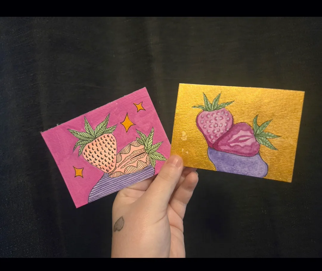 Strawberry 2 pack - acrylic markers, alcohol marker, watercolor and ink aceo art card