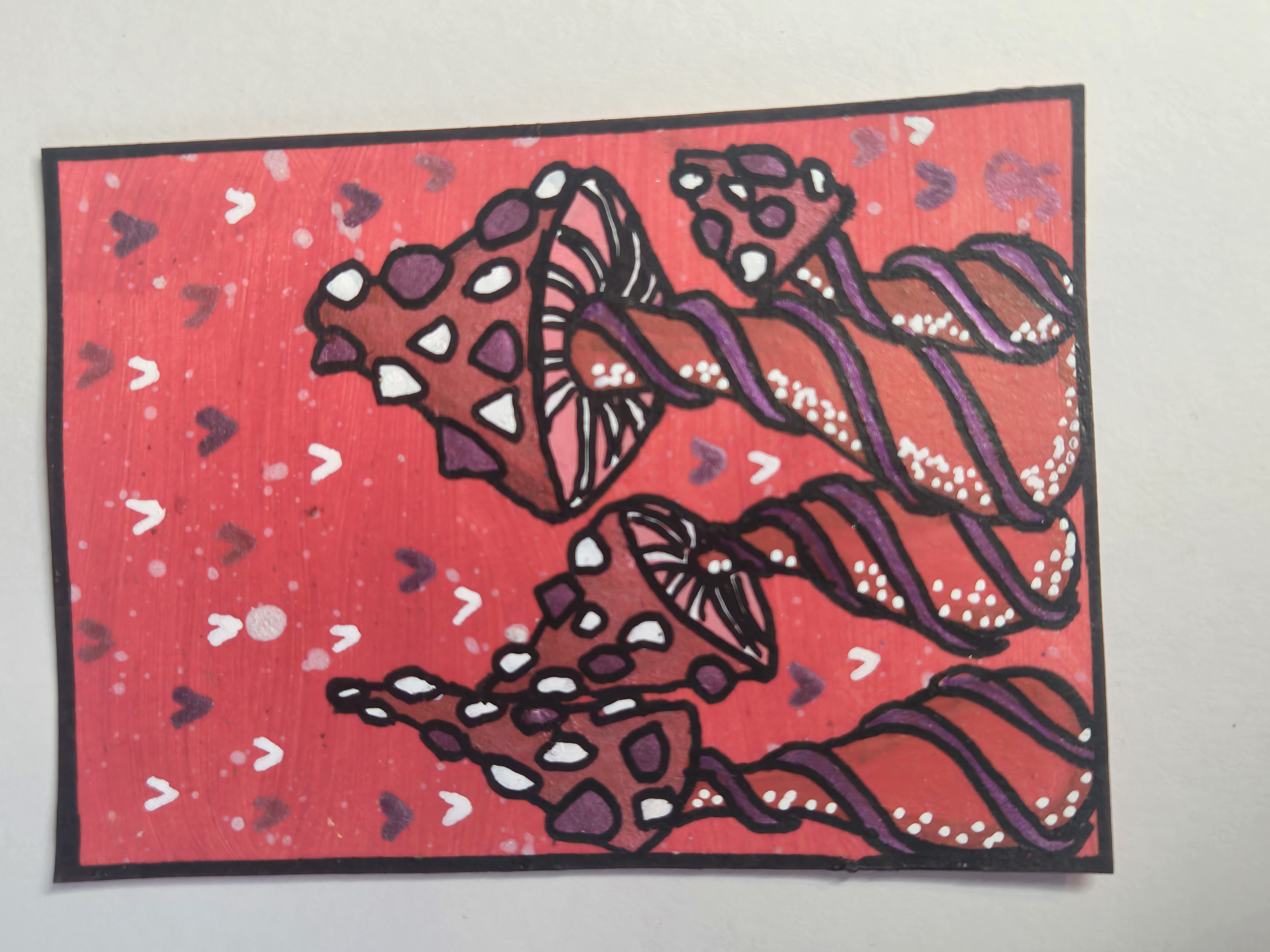 Ruby mycelium-mushroom- ACEO Original Painting 2.5x3.5- Artist- FOXI aceo art card