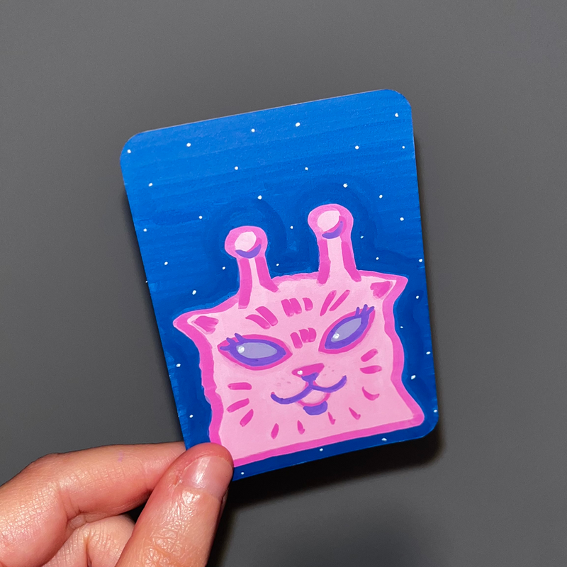 original aceo alien cat 2/3 pink space stars aceo art card
