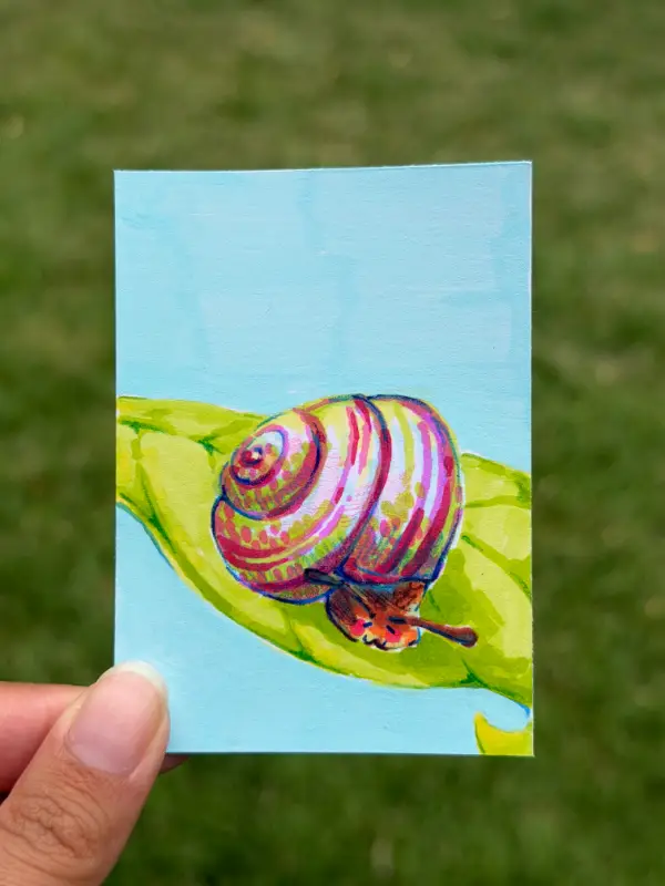 Sleepy Rainbow Snail aceo art card