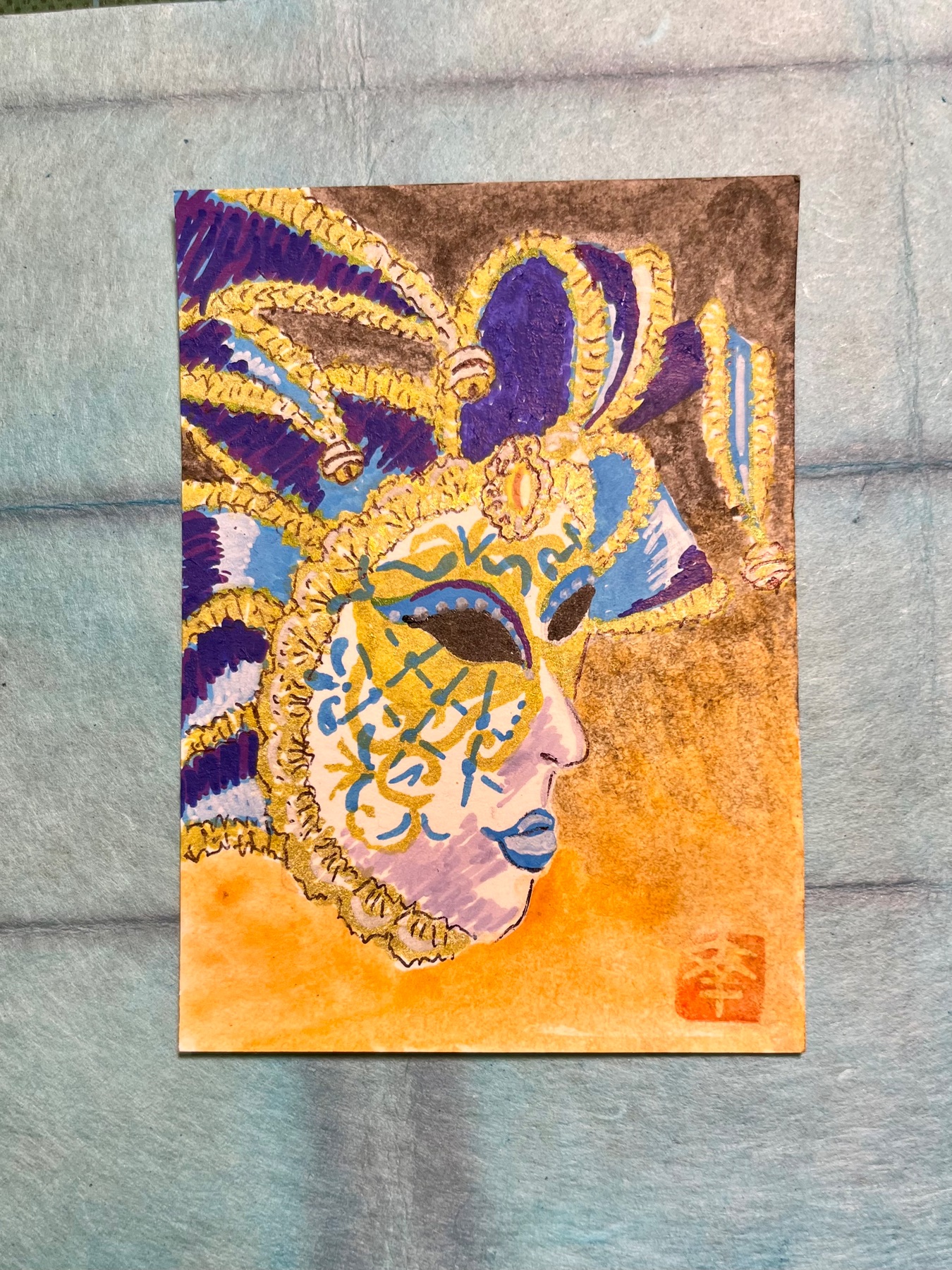 Venetian mask blue aceo art card