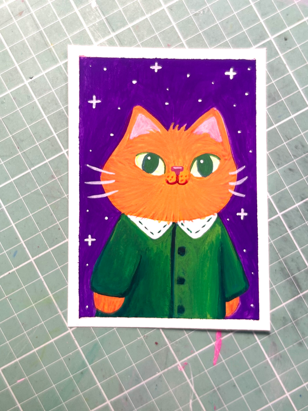 Kitty in coat aceo art card