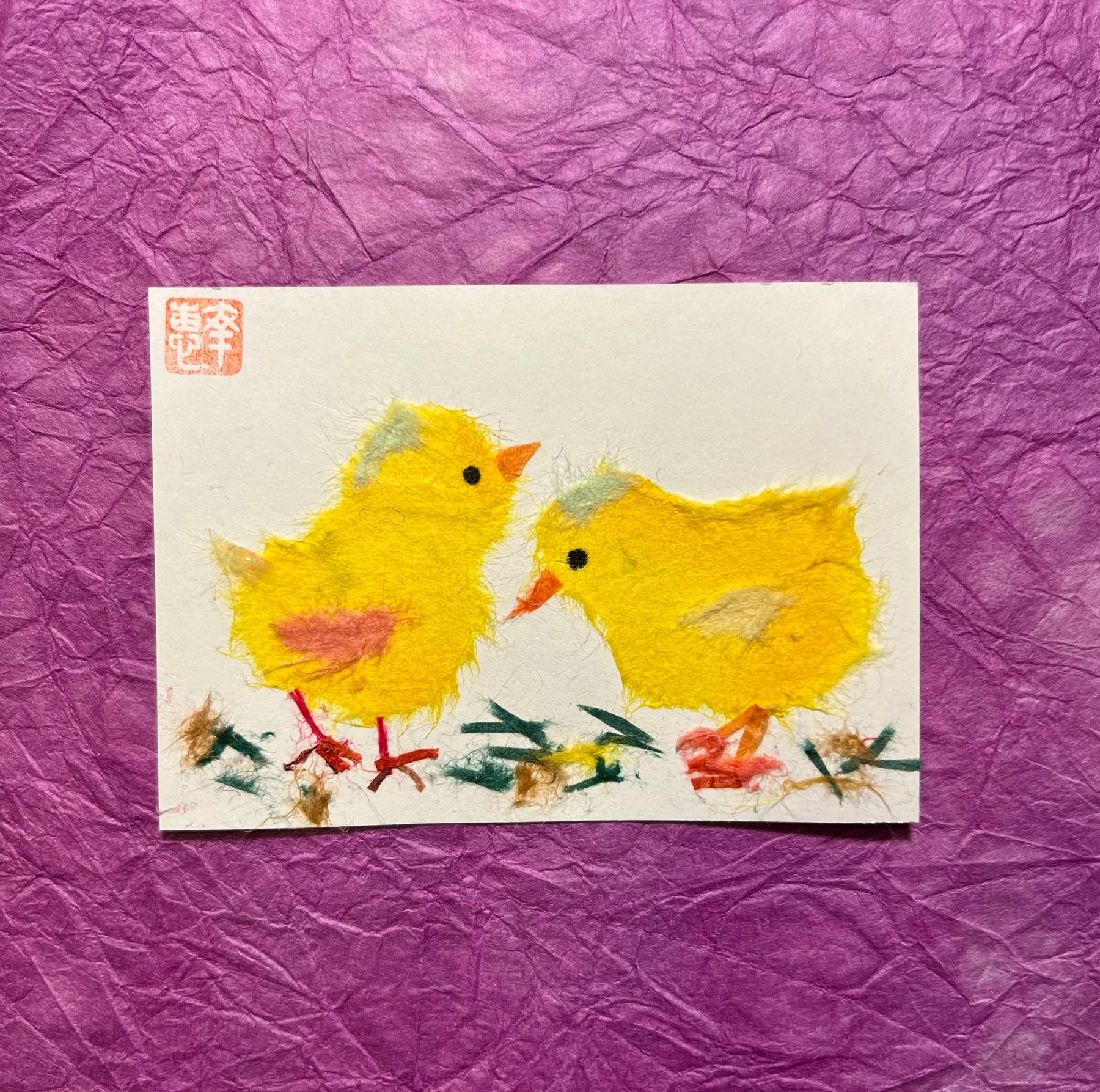 Japanese Washi art - Chicks, playmates aceo art card