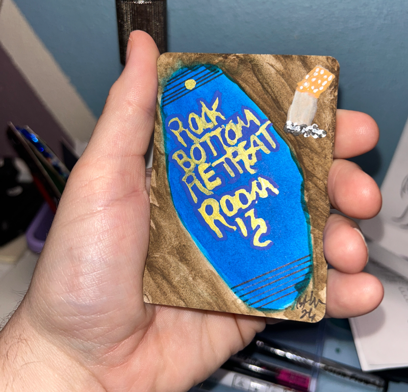 Rock Bottom Retreat Room 13 ACEO Original Motel Key Art Funny Painting aceo art card