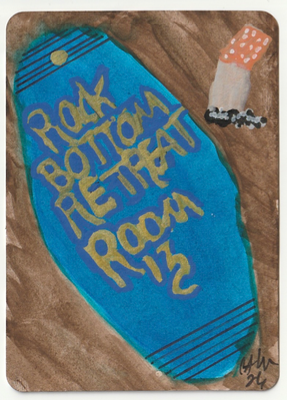 Rock Bottom Retreat Room 13 ACEO Original Motel Key Art Funny Painting aceo art card thumbnail 4