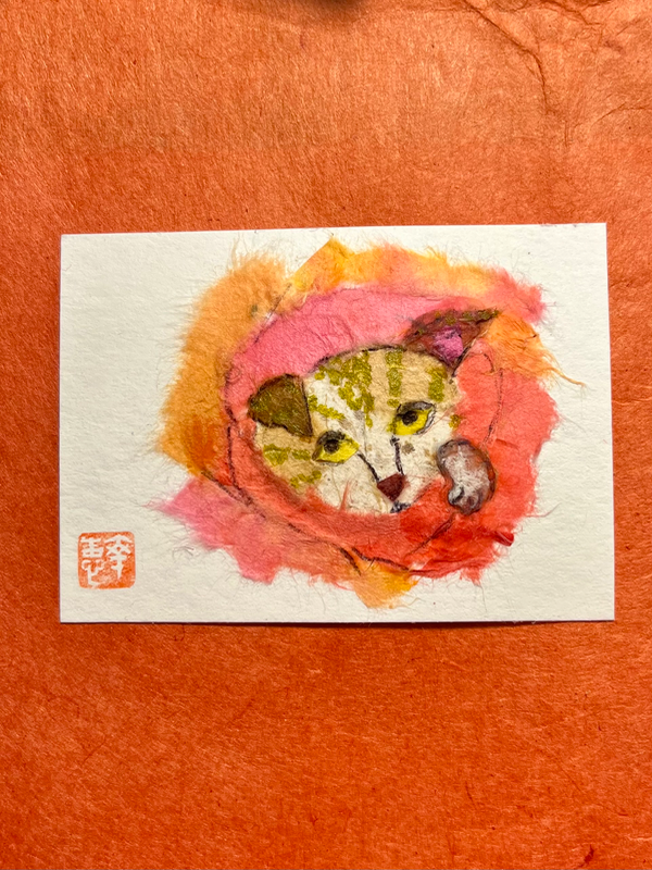 Buster(my cat) in blanket- Japanese Washi art aceo art card