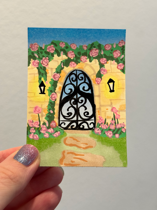 The gate at dusk aceo art card