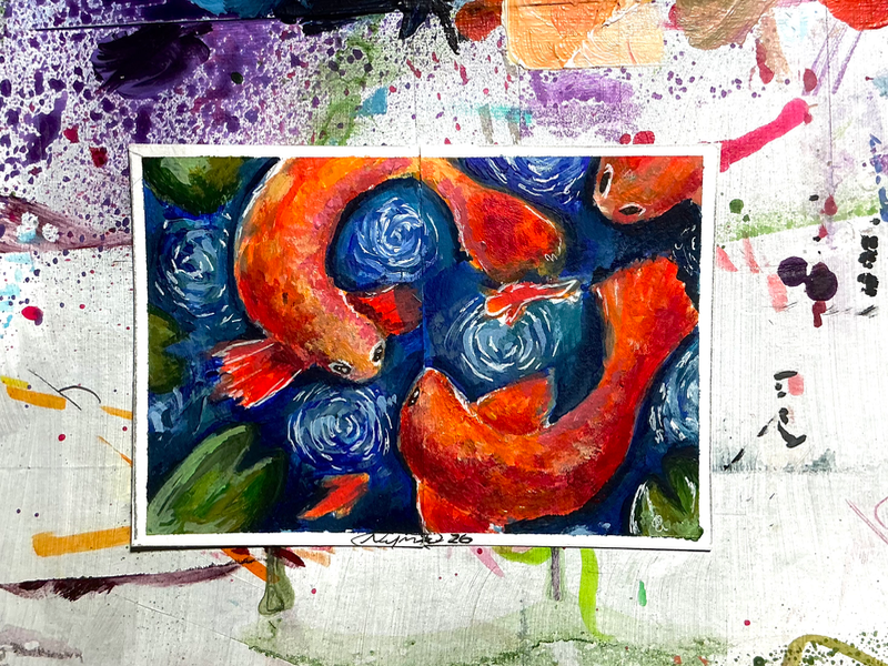 “Koi Duo” Koi Fish Painting, Lake. Special Set. Two ACEOS. aceo art card