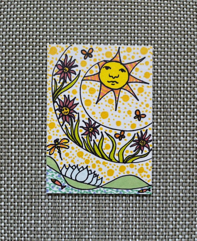 “Covered in Sunshine” Whimsical Flowers Lotus Dragonfly Sun aceo art card
