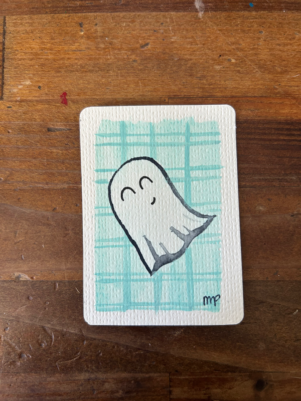 Happy blue ghost aceo art card