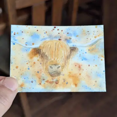 "Highland Cow" ACEO Original Watercolor Painting aceo art card thumbnail 2