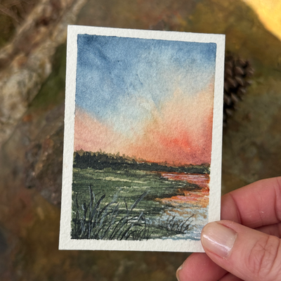 ACEO Watercolor, Landscape, Original, Marsh, “Sky fire”, 3.5x2.5in, By Lark Watercolor and Art aceo art card thumbnail 2