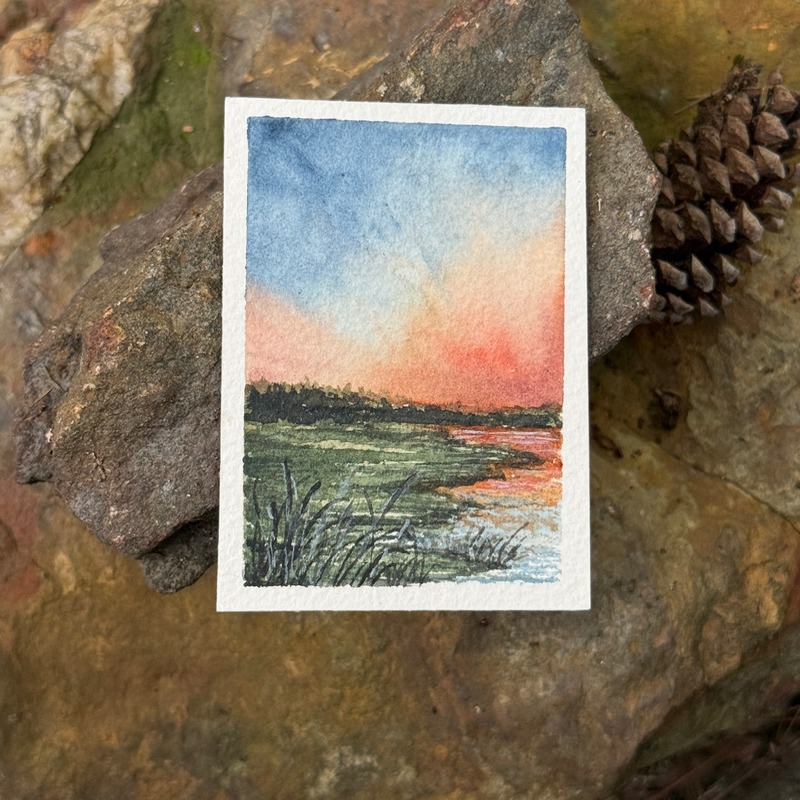 ACEO Watercolor, Landscape, Original, Marsh, “Sky fire”, 3.5x2.5in, By Lark Watercolor and Art aceo art card