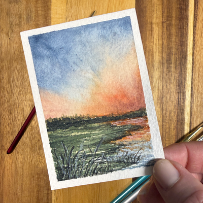 ACEO Watercolor, Landscape, Original, Marsh, “Sky fire”, 3.5x2.5in, By Lark Watercolor and Art aceo art card thumbnail 4